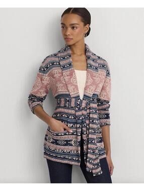 Lauren Ralph Lauren Geometric Southwest Belted Linen Cotton Cardigan Size XL